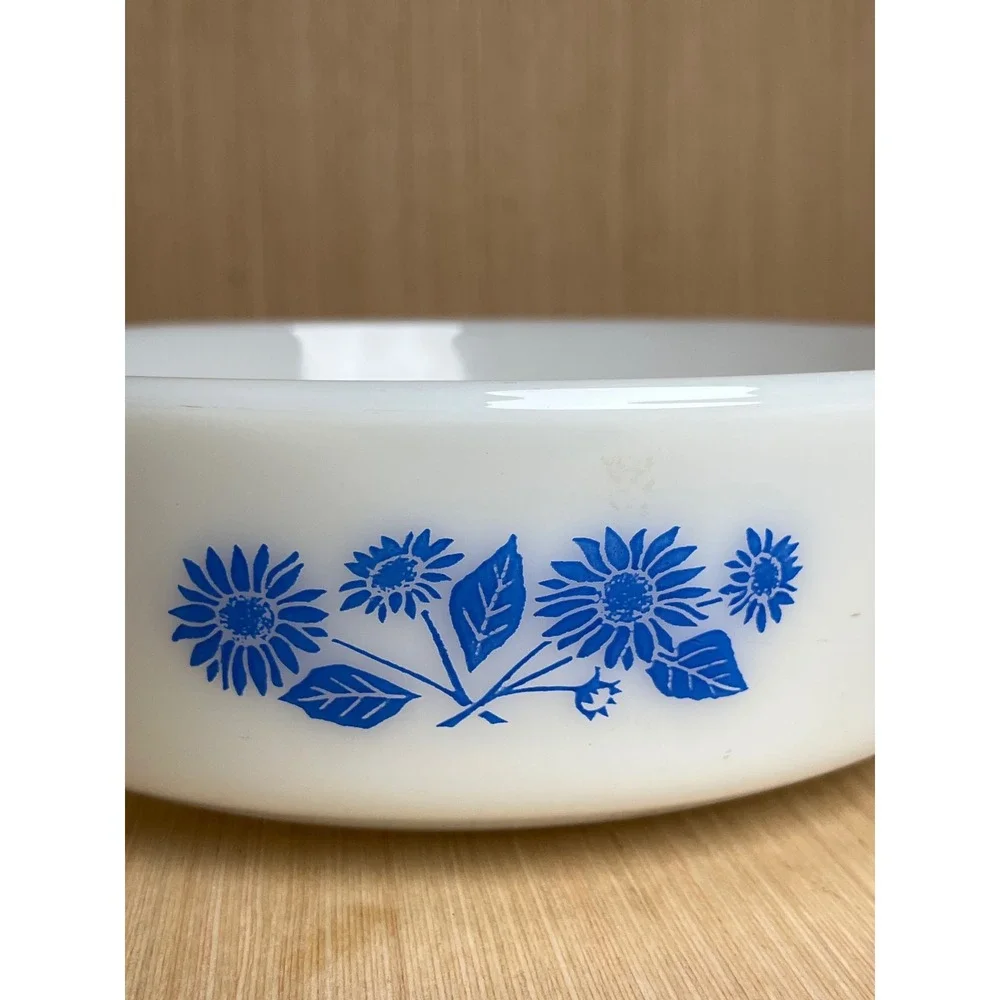 Vintage Anchor Hocking Fire-King Blue Floral Milk Glass Dish 438 Oven Proof MCM